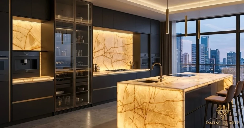 Apartament z podświetlaną zabudową — Wyspa i fronty: Aura