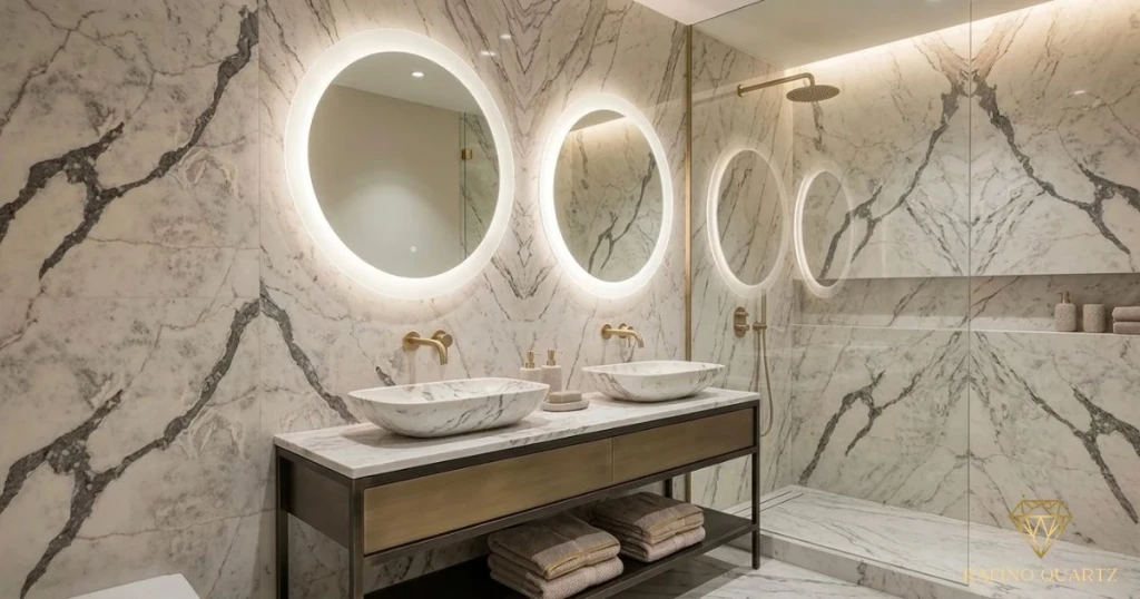 Łazienka w apartamencie hotelowym — Umywalka i okładziny: Kyanite